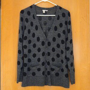 Halogen 100% Merino Wool Cardigan Sweater Size Med Petite Gray Black Polka Dot